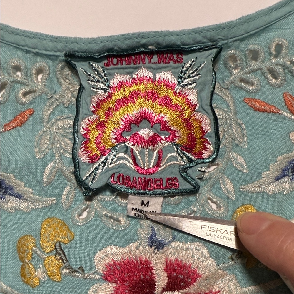 Johnny Was Turquoise Embroidered Mini Dress with Pink & Green Floral Detail - Picture 9 of 14